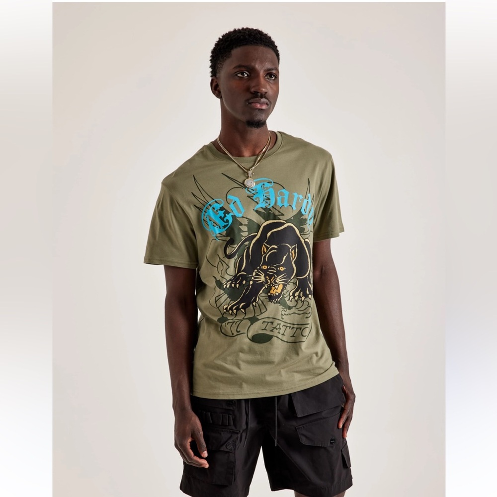 NWT ED HARDY Men's Crouching Panther Graphic T-Shirt Size L Olive